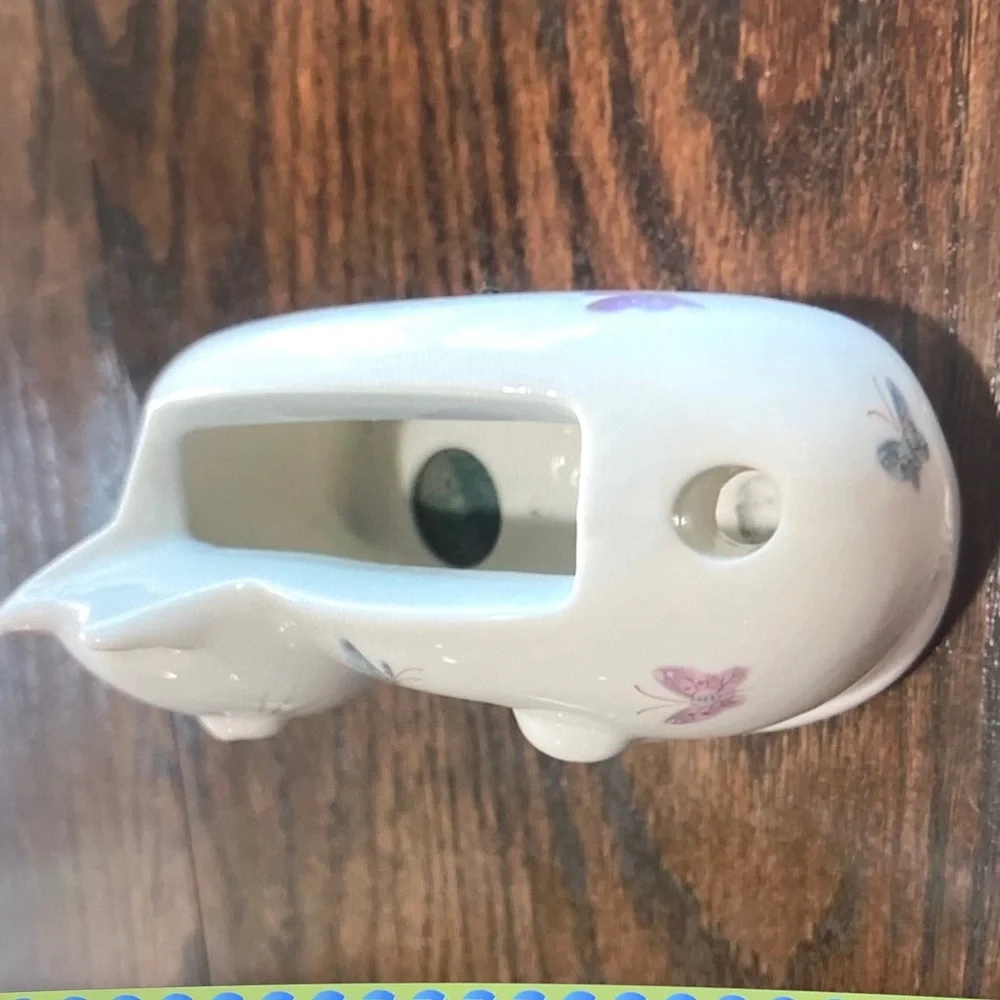 Jolie White Ceramic Cat Planter with Pastel Butterfly Accents